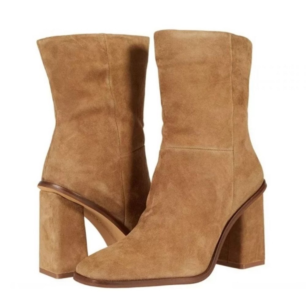 Vince Camuto Tan Dantania Mid Calf Square Toe Block Heel Suede Boot Size 11